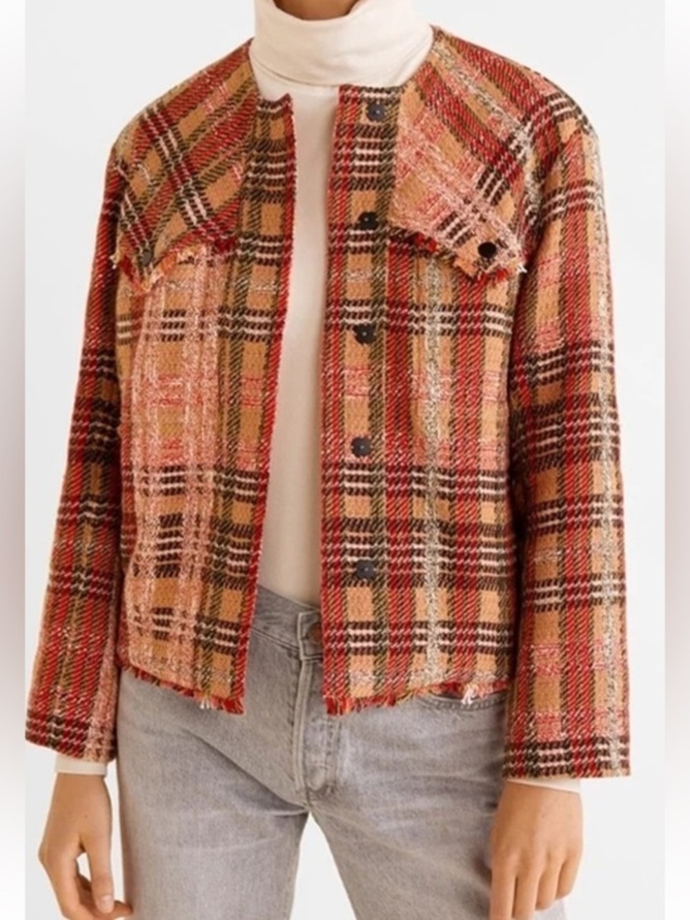 Mango Tweed Plaid Fringe Crop Jacket Red Camel Boucle Small